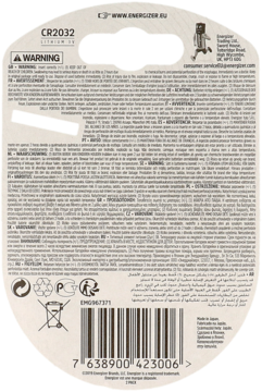 Tył opakowania baterii Energizer CR2032 z informacjami prawnymi i kodem kreskowym na białym tle.