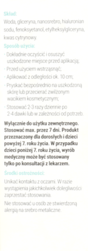 Widok strony z instrukcją użycia i składem produktu z nanosrebrem do regeneracji skóry i leczenia ran.