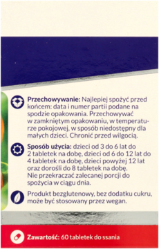 Tył opakowania suplementu Acerola Gripovita, niebiesko-białe elementy, polski tekst z informacją o 60 tabletkach do ssania.