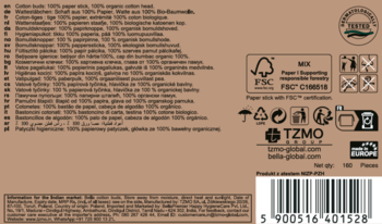 Tył brązowego opakowania papierowych patyczków higienicznych Bella Cotton z organiczną bawełną, widoczne logo FSC i kod kreskowy.