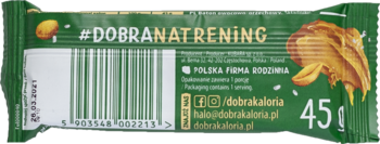 Tył zielonego opakowania batona owocowo-orzechowego Dobra Kaloria 45g, wys. białka, z masłem orzechowym.