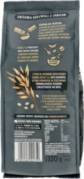 Tył ciemnego opakowania owsianki królewskiej z jabłkami 320g, z tekstem o beta-glukanach dla cholesterolu.