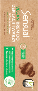 Wegański krem do depilacji Joanna Sensual na twarz, w beżowym opakowaniu z zielonymi detalami, widok z przodu.