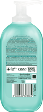 Tył turkusowej butelki żelu oczyszczającego Garnier z aloesem, 200ml, biała pompka, certyfikaty.
