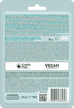 Tył maski Garnier Hyaluronic Aloe. Opakowanie z instrukcją, składem, kodem kreskowym i certyfikatami Cruelty Free/Vegan.