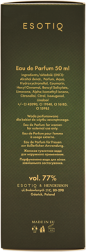 Tylna strona ciemnozielonego opakowania perfum Esotiq Eau de Parfum 50ml, złoty tekst ze składem i danymi producenta.