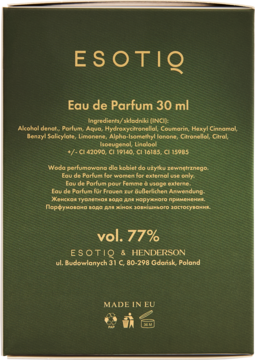 Tył zielonego opakowania perfum Esotiq dla kobiet 30 ml, widoczny skład i dane producenta. Wyprodukowano w UE.