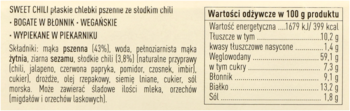 Sweet Chili płaskie chlebki pszenne, wegańskie i bogate w błonnik. Przód opakowania z tabelą wartości odżywczych.