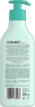 Tylne opakowanie mleczka ONLYBIO baby w miętowej butelce, z turkusową pompką i listą składników.