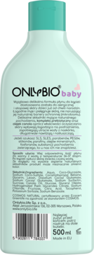 ONLYBIO baby delikatny płyn do kąpieli 500ml, jasnoturkusowa butelka, tył z etykietą składników.