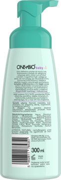 Tył jasnozielonej butelki Onlybio Baby pianki do mycia ciała 300 ml z turkusową pompką, widoczną etykietą i kodem EAN.