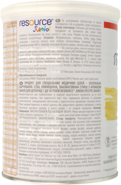 Tył puszki Nestlé Resource Junior waniliowy, 400g, żywność medyczna. Widoczny opis produktu i skład.