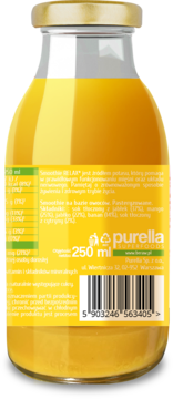 Tył szklanej butelki smoothie RELAX Purella, 250 ml, z żółtą etykietą, widoczny kod kreskowy i tekst
