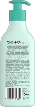 Tył jasnozielonej butelki szamponu OnlyBio baby 300ml z turkusową pompką, widoczny kod kreskowy i lista składników.