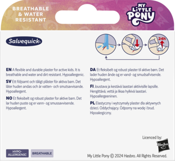 Tył opakowania elastycznych plastrów Salvequick My Little Pony. Oddychające, wodoodporne dla dzieci.