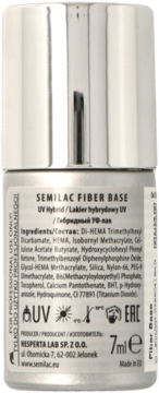 Srebrna butelka Semilac Fiber Base, tył opakowania z listą składników, pojemnością 7ml i symbolami UV.