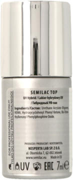 Tył srebrnej butelki Semilac Top 7ml z opisem składu i producenta, widoczne etykiety UV i EAC.