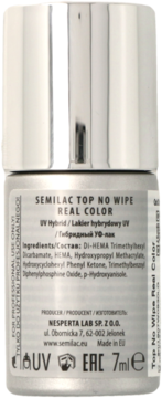 Tył butelki Semilac Top No Wipe Real Color 7ml, widoczne srebrne wieczko i etykieta ze składem.
