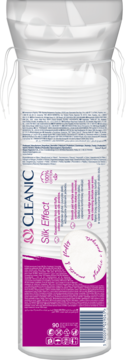 Tył opakowania płatków kosmetycznych Cleanic Silk Effect, biało-fioletowa etykieta, 100% bawełny, kod kreskowy.