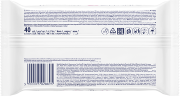 Tył białego opakowania nawilżanych chusteczek, 40 sztuk, z widocznym kodem kreskowym i licznymi napisami.