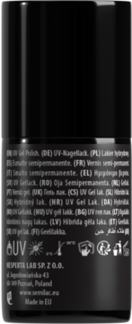 Tył czarnej butelki lakieru hybrydowego Semilac, z etykietą zawierającą instrukcje i symbole techniczne.