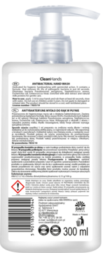 Biała butelka CleanHands Antibacterial Hand Wash 300 ml, widok z tyłu z pompką i etykietą produktu.