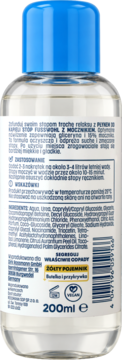 Tył płynu Fusswohl z mocznikiem do kąpieli stóp, przezroczysta butelka 200ml z niebieską nakrętką, widoczne składniki.
