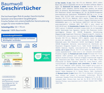 Etykieta ściereczek do naczyń, 2 sztuki, 50x70 cm, 100% bawełny. Widoczne symbole prania i opisy produktu.