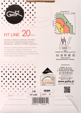 Tył białego opakowania Gatta FIT LINE 20 den, matowych rajstop damskich z LYCRA, z tabelą rozmiarów.