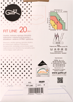 Tył opakowania rajstop Gatta FIT LINE 20 den Golden, z opisem produktu, składem i tabelą rozmiarów.