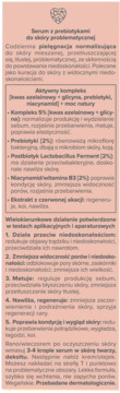 BEAUTY.lab serum z prebiotykami: różowa etykieta z opisem działania na skórę problematyczną i składnikami.