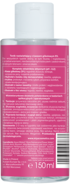 Tonik BEAUTY.lab rozświetlający z kwasem glikolowym 5%, tył białej butelki z różową etykietą, widoczny opis i skład.