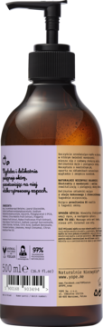 Tył ciemnej butelki naturalnego mydła do rąk Yope Mandarynka i Malina z czarną pompką, 500 ml.