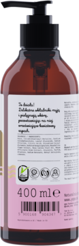 Tył brązowej butelki naturalnego żelu pod prysznic rabarbar i róża 400ml, z etykietą, składem i certyfikatami.