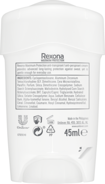 Biały antyperspirant Rexona Maximum Protection w kremie 45ml, widok z tyłu z listą składników.