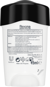 Tył białego antyperspirantu Rexona Maximum Protection, widoczna etykieta ze składem, instrukcjami i objętością 45ml.
