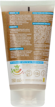Tył tubki 150ml beżowego żelu peelingującego do twarzy z naturalnymi składnikami i ciemnym tekstem.