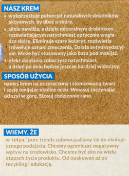 Tekstowy opis kremu: właściwości nawilżające, rozświetlające, antyoksydacyjne, sposób użycia. Tło imituje papier.
