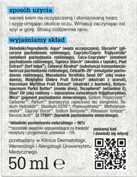 Tył opakowania nawilżająco-rozświetlającego kremu 50 ml, ze składem, sposobem użycia i QR kodem.
