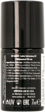 Czarna butelka lakieru hybrydowego UV 7ml, widok z tyłu z czytelną listą składników i danymi producenta.