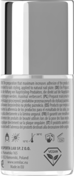 Tył butelki Semilac Primer, produktu zwiększającego przyczepność, z opisem i ikonami na szarym tle.