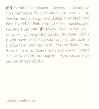 Tekst: Semilac Slim Shaper, uniwersalny szablon do przedłużania paznokci, jednorazowego użytku. Na białym tle.