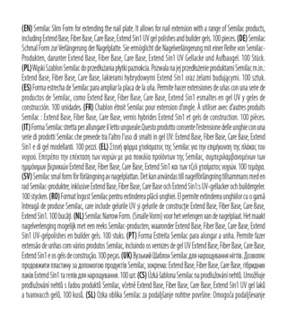 Dokument produktowy Semilac: wielojęzyczny opis szablonu do paznokci, czarny tekst na białym tle.