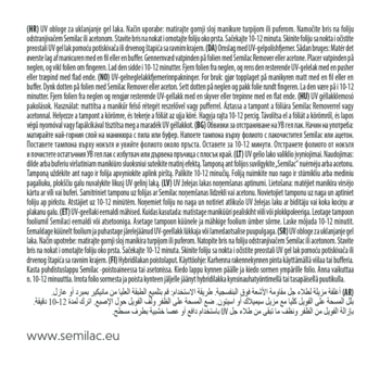 Ulotka instrukcji Semilac w wielu językach, gęsty czarny tekst na białym tle, widok z góry. www.semilac.eu