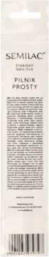 Pionowy front opakowanego pilnika do paznokci Semilac Straight Nail File w bieli, szarości i różu. Widoczny kod kreskowy.