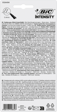 Tył opakowania cienkopisu BIC Intensity 0.4mm w blistrze, z wielojęzycznym opisem i ikonami recyklingu.