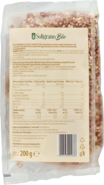 Tył przezroczystej torebki Soligrano BIO Musli zbożowe 200g, z etykietą i widocznymi składnikami muesli.