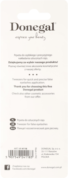 Tył opakowania Donegal pęsety do sztucznych rzęs z kodem kreskowym, opisem produktu i danymi firmy.