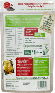 Tył opakowania Zdrowe Pola Babka Plesznik SuperFood, 200g, z danymi żywieniowymi, przepisami i kodem kreskowym.