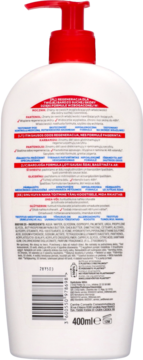 Tył opakowania balsamu do ciała Mixa Urea Cica Repair+ 400ml, biała butelka z czerwoną pompką i etykietą z opisem.